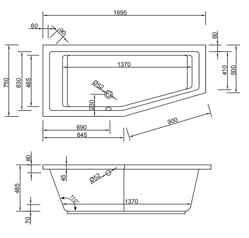 Badewanne Modell Lupor Kato B links