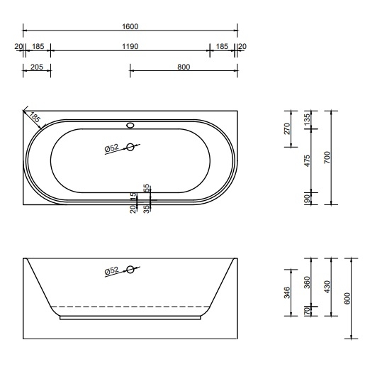 Badewanne Modell Salm V links 160/70 mit Sch�rze